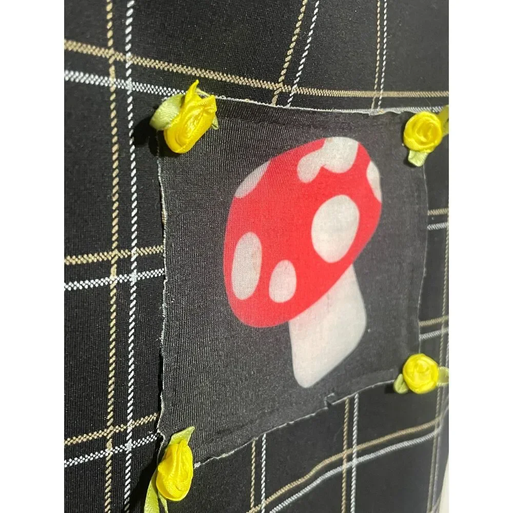 Dark Academia Mushroom Plaid Spaghetti Mini Dress